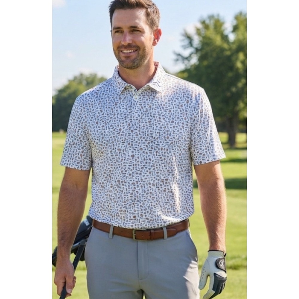 Rhoback Polo Shirt Mens 2XL White Baseball All Over Print Golf Performance